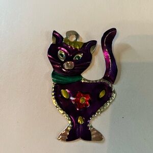 Hand painted Mexican tin art, colorful cat